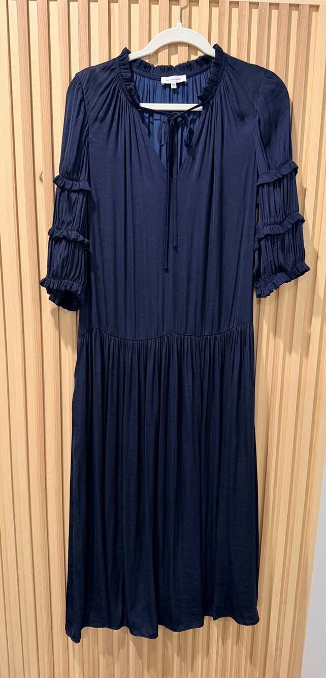 Rebecca Taylor Ruffle V-Neck Maxi Dress Navy Blue -Medium